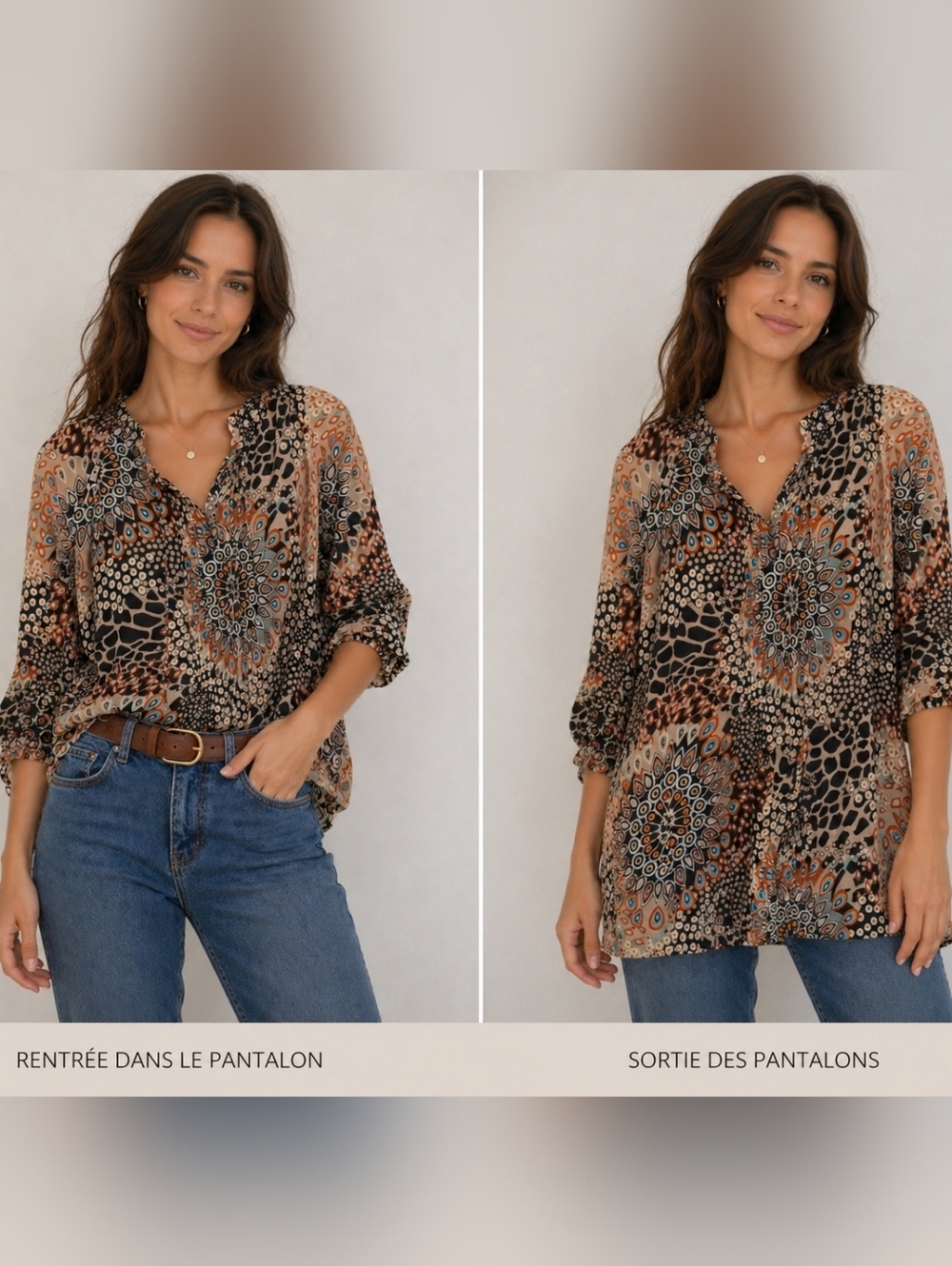 COUPE COLLECTION BOHO PRINT BLOUSE EARTH TONES 100% COTTON FLOWY TOP
